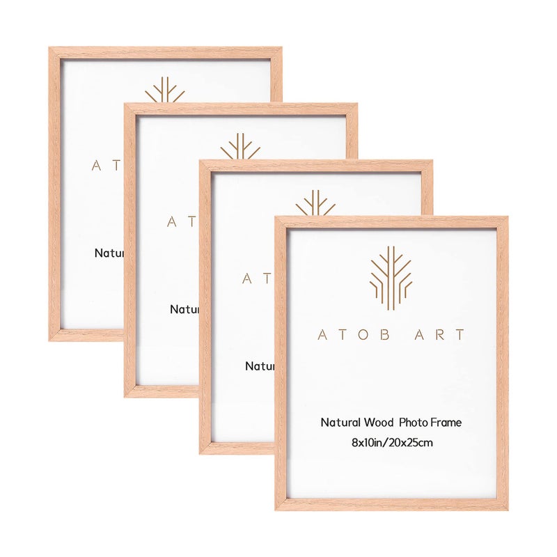 ATOBART 8x10 Picture Frames 4 Pack, Made of Solid Wood Covered by Glass for Table Top Display and Wall Mounting Oak Photo Frames - Image 1